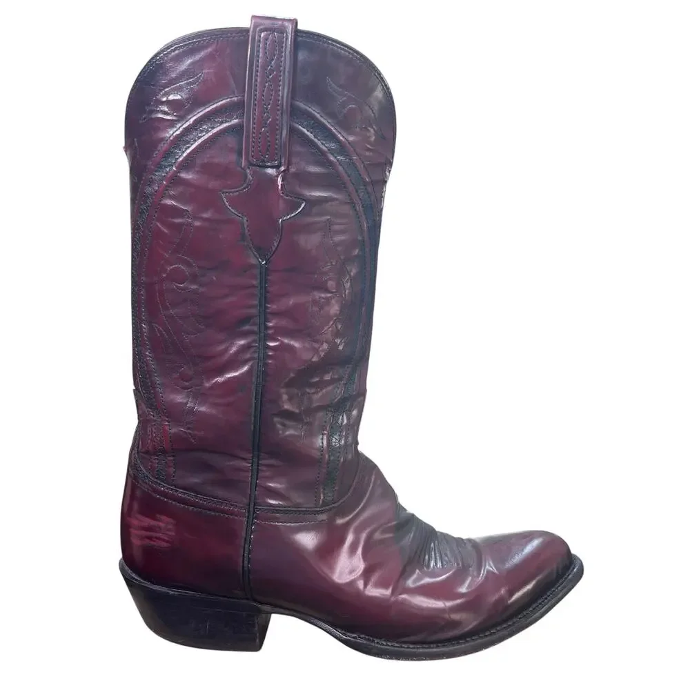 Lucchese Classics Black Cherry Goat Leather Wide Cowboy Boots Size 11 2E